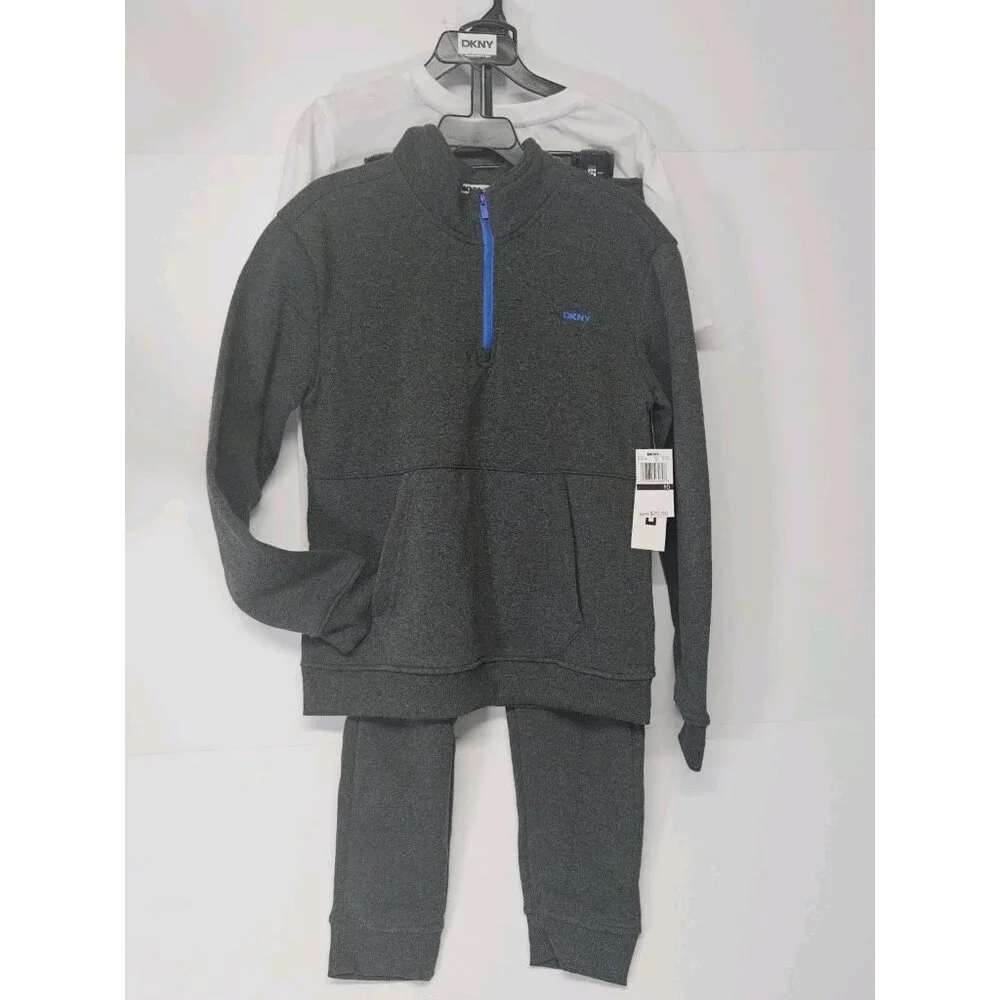 DKNY Size Boys 10, Set Of 3,‎ Grey Sweatshirt/Grey Pants/Crew Neck Logo T Shirt